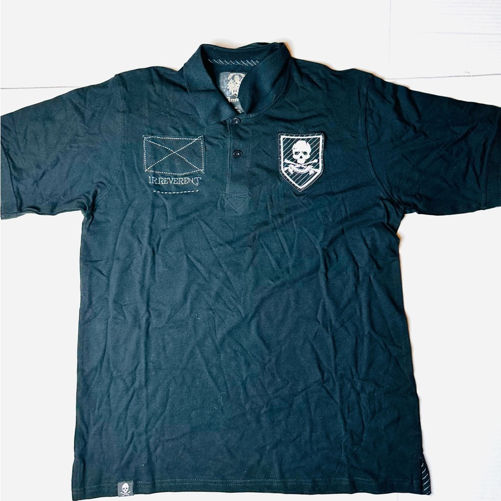 Irreverent Shirt Men M Skull‎ Cross Gryffin Embroidery Patch Collared Polo Blue
